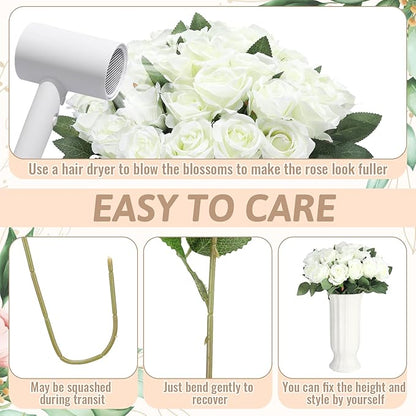 36 Pcs Silk White Rose Bouquet Bridal Artificial Flowers,Fake Rose Long Stem Realistic Artificial Flowers Bulk for Wedding Bouquet Ball Arrangement Centerpiece Party Decor