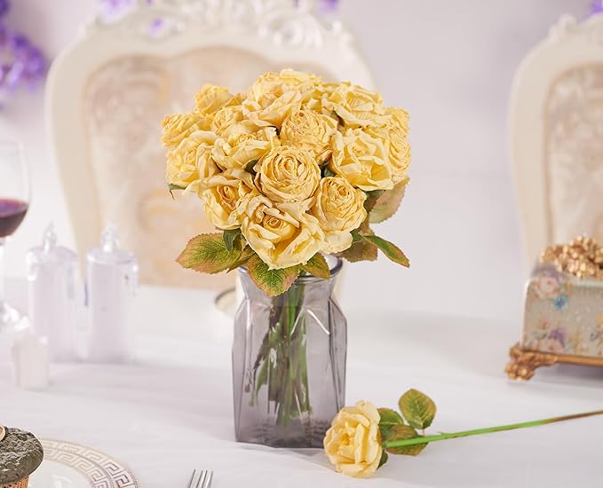 Rose Artificial Flower 28pcs Realistic Faux Silk Roses Fake Flowers Bouquets Arrangements Decor for Wedding Spring Mother's Day, Home Table Decorations, Yellow Flower