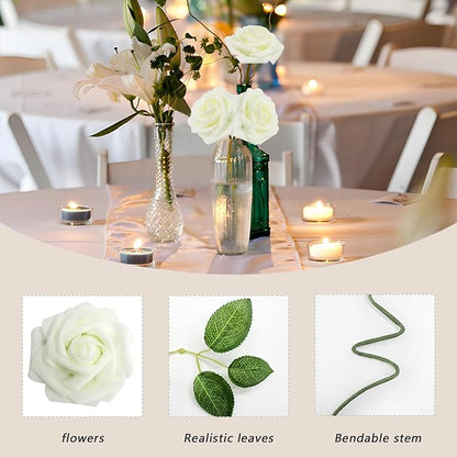 100PCS Artificial Flowers Milk White Roses Real Looking Foam Fake Roses with Leaves and for DIY Wedding Bouquets Bridal Shower Centerpieces Party Decorations (Ivory, 100)
