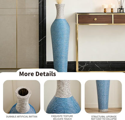 39-Inch Tall Vintage Floor Vase - Premium PVC Rattan Weave, Large Blue and White Striped Standing Vase, Flower Holder for Home Decor (Blue)