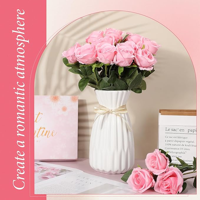 Hotop 40 Pcs Rose Artificial Flowers Bulk with Long Stem,Realistic Silk Fake Roses Bouquet for Home Wedding Centerpieces Party Table Decoration Valentines Gifts(Pink)