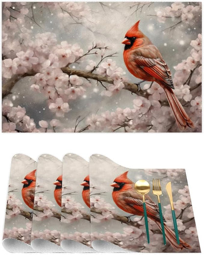 PVC Placemats Set of 4 Winter Red Cardinal Flower Wipeable Table Mats Washable Heat Resistant Non Slip Vinyl Dining Table Mat for Kithen Indoor Outdoor Patio Farmhouse Place Mats Decorative