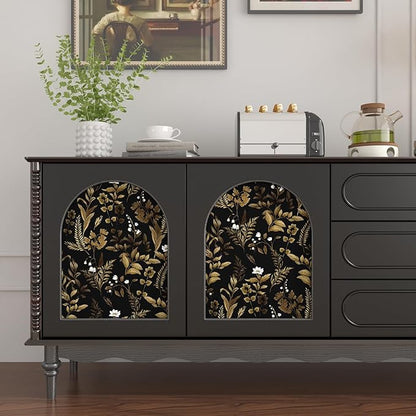 Extra Long Dark Floral Peel and Stick Wallpaper, Vintage Black Gold Leaf Wallpaper, Removable Contact Paper Self Adhesive for Bedroom Bathroom Cabinet Black Gold White 17.5In x 393In
