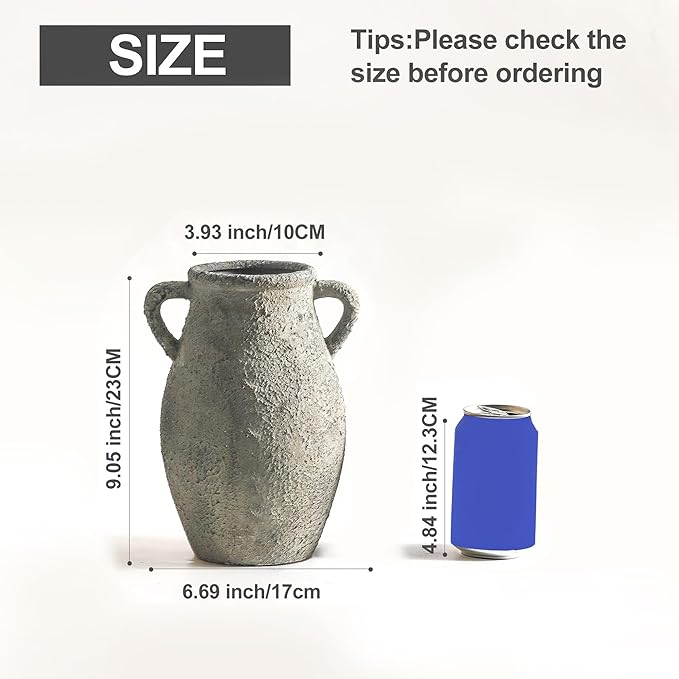 Ceramic Flowers Vase - Rustic Decorative Vase for Home Decor, 9 inch Vintage Terracotta Vase for Flowers, Pottery Vase with 2 Hanldes for Home Living Room Decor, Non-Slip Lyeec Vases