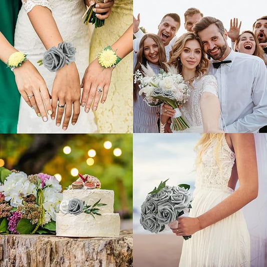 JOYLEX Artificial Flowers Realistic Roses, 50pcs Real Looking Fake Roses with Stem for DIY Wedding Bouquets Centerpieces Bridal Shower Party Home Romantic Decorations (Regular 3" - 50pcs, Grey)