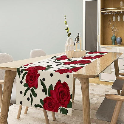 Red Rose Print Table Runner, Romantic Valentines Vintage Rose Spring Summer Dinner Runner Table Decoration for Home Kitchen Dining Holiday Wedding Party 13x70in