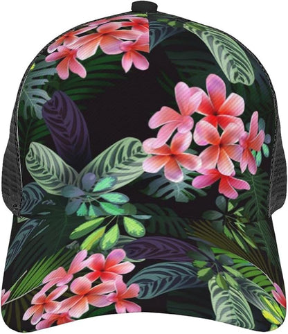 Tropical Pink Flowers Hats Women Men Hawaii Trucker Hat Adjustable Snapback Mesh Baseball Cap Hat