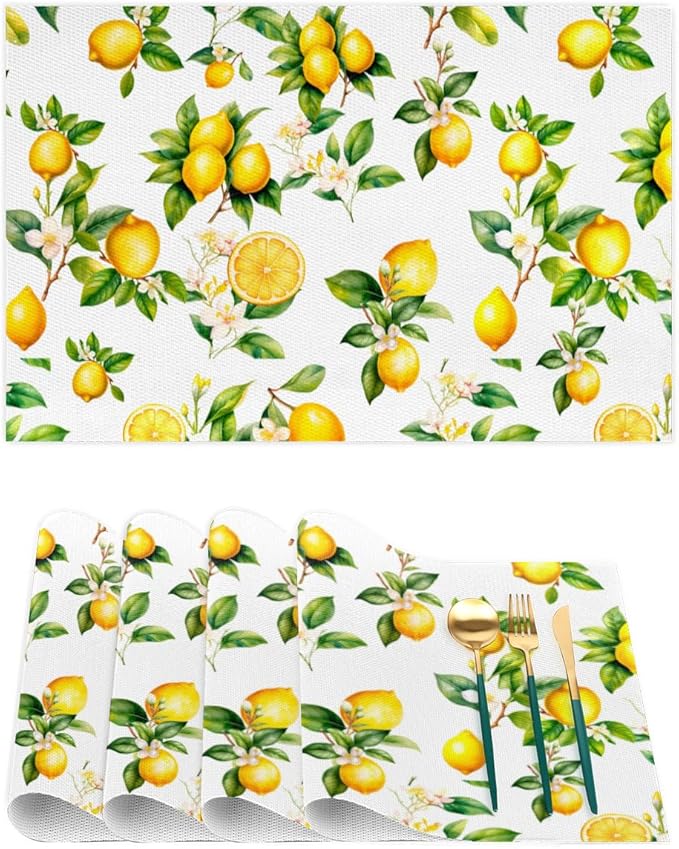 Lemon Tropical Summer Placemats Set of 1 PVC Vinyl Non Slip Table Mats Waterproof Heat Resistant Place Mats Washable Wipeable Dining Table Mat for Kitchen Party Indoor Outdoor Decorative
