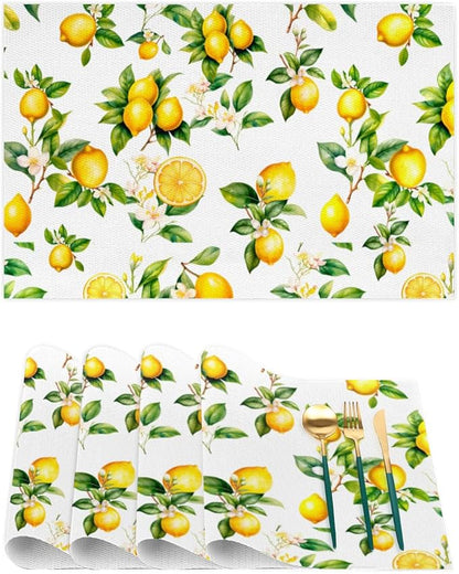 Lemon Tropical Summer Placemats Set of 6 PVC Vinyl Non Slip Table Mats Waterproof Heat Resistant Place Mats Washable Wipeable Dining Table Mat for Kitchen Party Indoor Outdoor Decorative