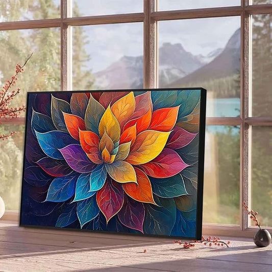 Colorful Flower Canvas Wall Art, Abstract Floral Canvas Prints, Lotus Blossom Pictures Wall Decor, Zen Painting, Yoga Studio Wall Decor (Black Framed, 27"Wx19"H/70x50cm)