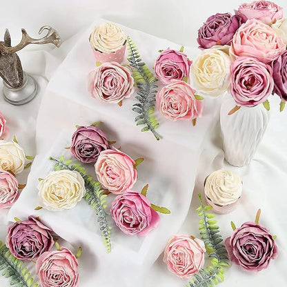 IPOPU Roses Heads Dried Silk Flowers 25PCS Fake Roses Heads for Floral Arrangements Roses Artificial Flowers for Silk Bouquet Bulk Wedding Flowers in Purple Bulk Silk Roses (Light Pink Purple Mixed)