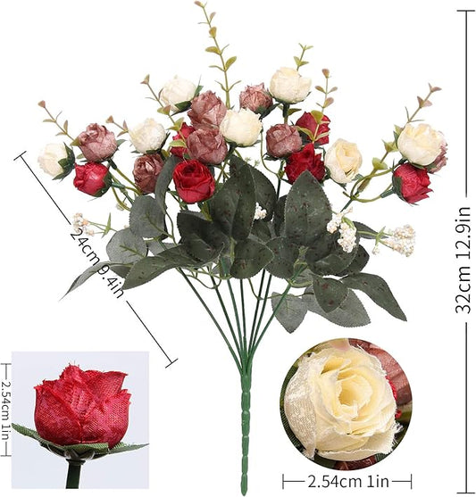 Flojery 21 Heads Silk Rose Bouquet Artificial Flowers Mini Rose for DIY Wedding Bouquets Centerpieces Bridal Shower Party Home Decorations,Pack of 4 （Red）
