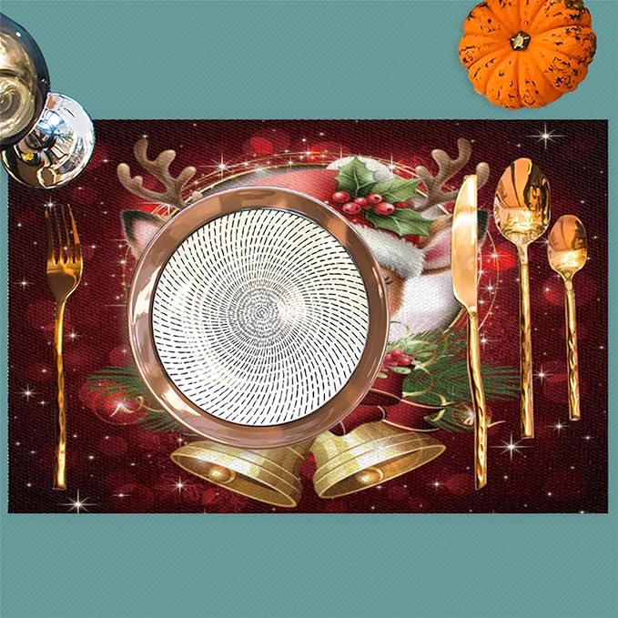 Christmas Xmas Bells Deer Placemats Set of 4 PVC Vinyl Non Slip Table Mats Heat Resistant Place Mats Washable Wipeable Dining Table Mat for Kitchen Decor Party Indoor Outdoor Decorative Gift