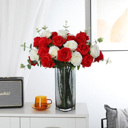 Tifuly Roses Artificial Flowers - 12 pcs Realistic Long Stem Fake Roses Mashup Style Silk Roses for DIY Bouquets Wedding Centerpieces Arrangements Home Party Decor（White & Red）