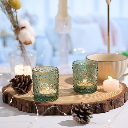Green Votive Candle Holder Set of 12, Flower Tea Lights Candles Holders for Wedding Table Decor, Birthday Parties, Vintage Home Decor, Bridal Shower and Holiday Decorations