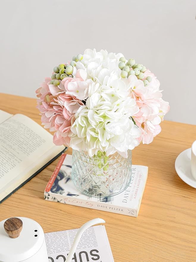 Wracra Hydrangeas Floral Arrangement in Glass Vase, Fake Flowers Silk Hydrangea Artificial Flowers with Vase for Home Office Decoration, Dining Table Centerpiece(Pink)