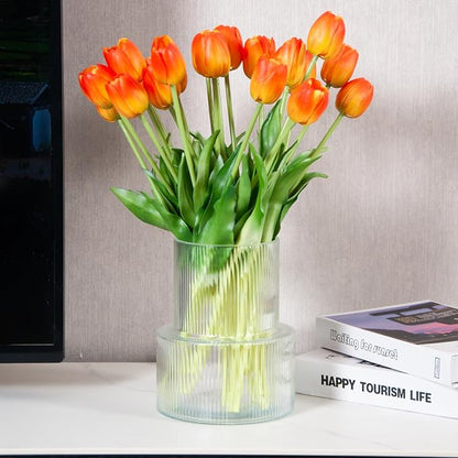20 Artificial Tulips in Fluted Glass Vase, Waterproof Faux Flowers Bouquet for Wedding Home Office Decor, Table Centerpiece, Housewarming Birthday Gift Set (Orange)