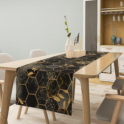 Black Grey Marble Table Runner Marble Hexagon Texture Golden Leaves Abstract Seasonal Dinner Runner Table Decoration for Farmhouse Home Kitchen Dining Holiday Party 13x70in