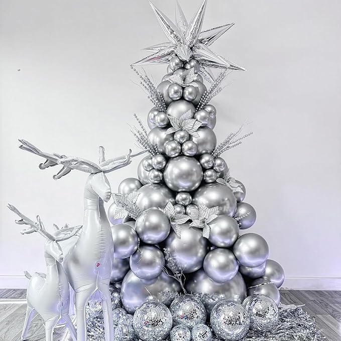 Togvu Metallic Silver Balloons Different Size, 123 Packs Silver Balloons Arch Kit, Pack of 18 12 10 5 Inch Chrome Silver Balloons Garland for Birthday, Graduation, Wedding, Anniversary Decoration
