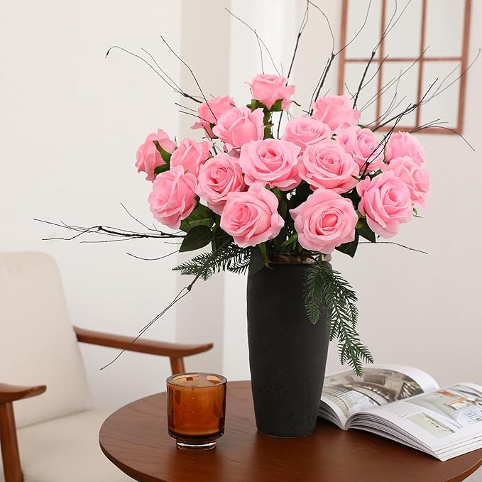 50PCS Artificial Silk Roses in Bulk & Bouquet Long Stem – Realistic Fake Roses for Wedding Centerpieces, Home Decor, Floral Arrangements, Party Decoration (Pink)