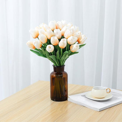 SITUMEIZI 15pcs Tulips Fake Artificial Flowers Real Touch 14" Silk Flower for Home Decor Spring Easter Wedding Bouquet Decorations Floral Arrangements(Light Champagne)
