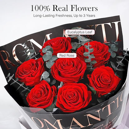 Preserved Flowers Bouquet 7 Roses - Red Real Rose & Flowers for Delivery, Long-Lasting Flower with Gift Box, Eternal Roses Bouquet for Mothers, Mom, Wife, Anniversary Birthday Gifts for Women, Black