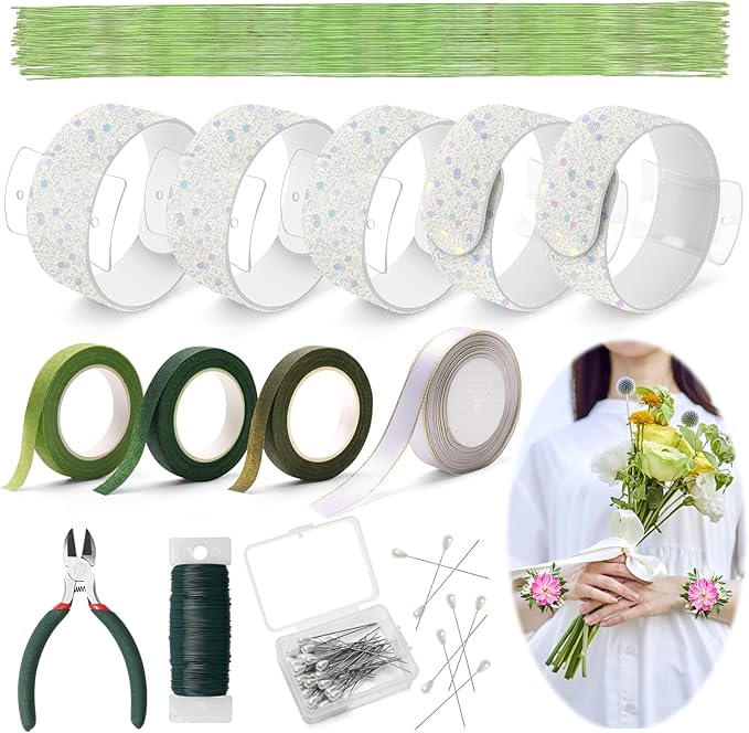 161 PCS DIY Wrist Corsage Making Kit with 5P Wrist Corsage Bracelets, Floral Wire and Cutter, Floral Tape, Pin, Ribbon for Wedding Party Boutonniere Supplies