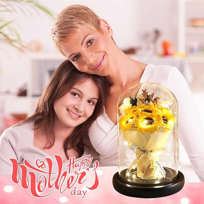 Christmas Sunflower Gifts for Mom-Preserved Artificial Rose Flower Gifts for Women Friends Sister Sunflower Gifts for Her,Light Up Rose in A Glass Dome-Thankgiving Xmas Birthday Valentines Anniversary