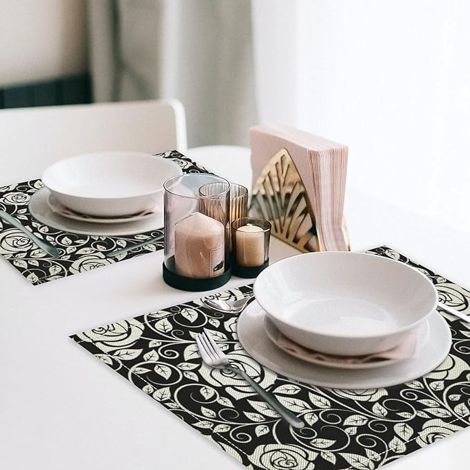 Retro Flowers Placemats Set of 8, 17x12 Inch Modern Aesthetic Black White Florals Leaves Art Print Table Mats for Home Party Kitchen Dining Decor