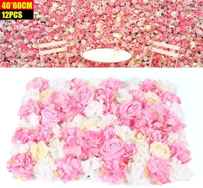16"x 24" Artificial Flower Wall Panels,Flower Wall Mat Silk Flower Panels for Outdoor Garden Backyard Fence Fence Privacy Screen and Indoor Wall Decor(12Pcs Pink+Light Yellow+White)