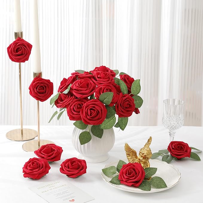 DerBlue 60pcs Artificial Roses Flowers with stem and 10pcs Green Leaves Real Looking Fake Roses Artificial Foam Roses Decoration DIY for Wedding,Arrangements Party Home Decorations