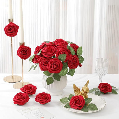 DerBlue 60pcs Artificial Roses Flowers with stem and 10pcs Green Leaves Real Looking Fake Roses Artificial Foam Roses Decoration DIY for Wedding,Arrangements Party Home Decorations