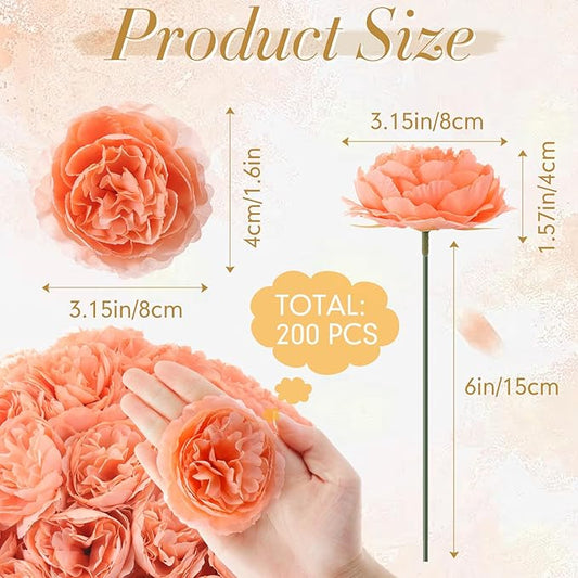 200 Pcs Flowers Long Stem Artificial Rose Bulk, 3.2 Inches Silk Rose Head Flowers Faux for Wedding Bridal Bouquet Independence Day Home Floral DIY Centerpieces Party Decoration(Peach)