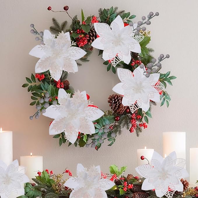 24 Pcs White Boxed Christmas Poinsettia Flowers Set, 16 Pcs Artificial Poinsettias with Clips, 8 pcs Glitter Christmas Tree Ornaments Berry Stems for Wedding Home Holiday Xmas New Year Decorations