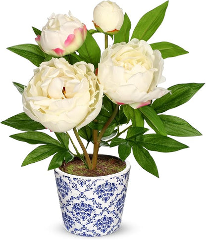 Briful Faux Peony Flowers in Blue and White Ceramic Pot 13.8" Realistic Silk Peonies Artificial Peony Floral Arrangement Fake Potted Flowers for Home Office Room Desk Shelf Decoration(White)