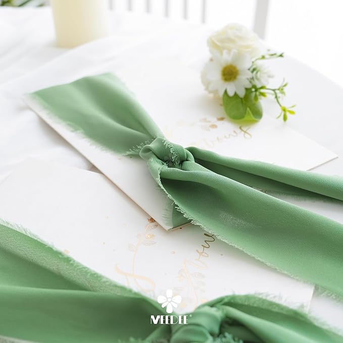 MEEDEE Sage Chiffon Ribbon 3 Inch Green Frayed Ribbons Sage Green Chiffon Silk Light Green Ribbon Wide Chiffon Ribbons for Crafts, Flower Bouquet, Wedding Favors Wrapping (2 Rolls 10 Yards)