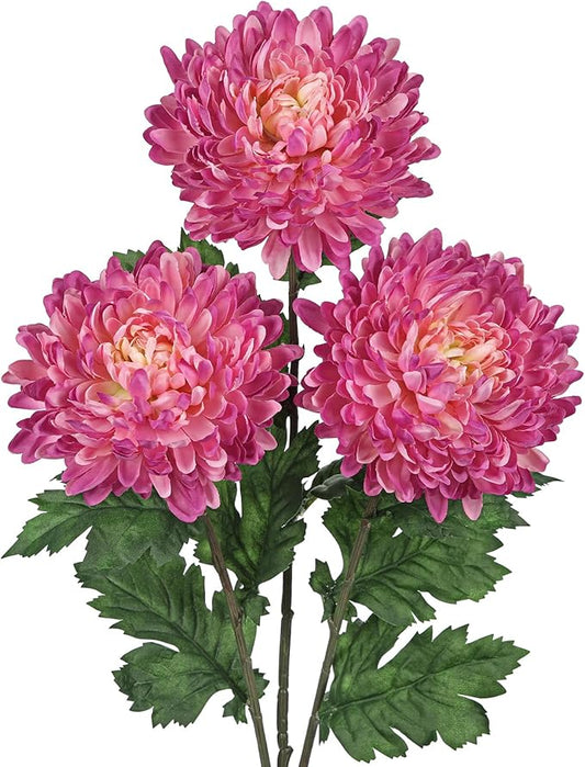 Hollyone 3Pcs Fake Mums Flowers Pink Artificial Chrysanthemum Flowers Silk 30" Long Stem Floral Arrangements Bouquets Faux Spider Mum Flower Pincushion Flower Bush Spring Home Decor