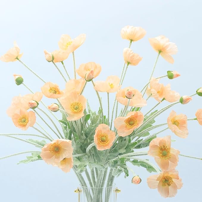 2 Pcs Artificial Fake Flowers Poppies Silk Flower Arrangements Wedding Bouquets Decorations Plastic Floral Table Centerpieces for Home Kitchen Garden Party Decor Approx 23.6" High - Dark Champagne