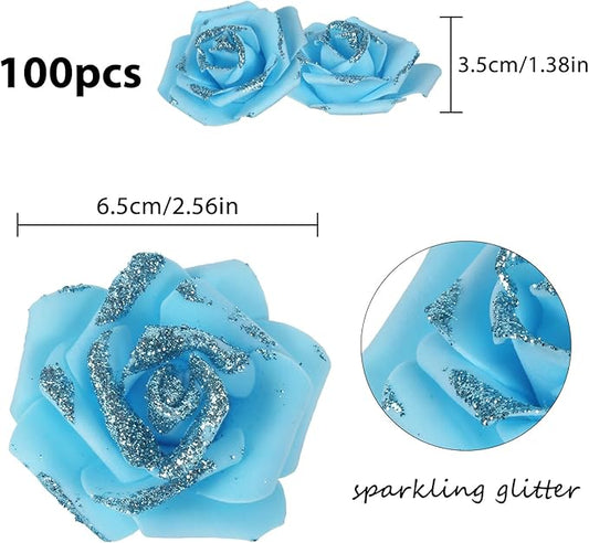 Light Blue Glitter Roses 100pcs Blue Foam Roses 2.56" Glitter Flowers Fake Roses for Baby Shower Centerpieces Faux Floral Arrangement Wedding Cake Flowers Decorations (Light Blue)