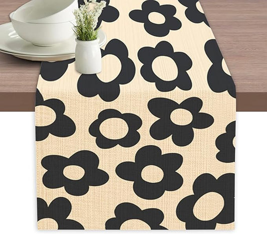 Abstract Black Flower Table Runners 70 inches Long Table Runner Elegant Linen Dresser Scarfs Farmhouse Tablerunner for Wedding/Coffee/Dining Table/Party Home Decor