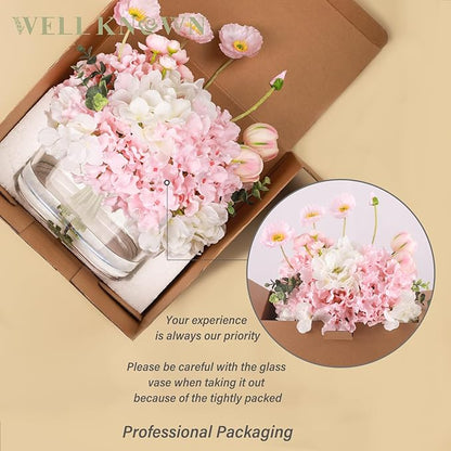 WELL KNOWN Artificial Flowers in Vase, Fake Hydrangea Tulip Flowers Bouquet with Big Glass Vase for Home Office Wedding Party Decor for Dining Table Centerpiece Housewarming Mom's Gift (Pink White)
