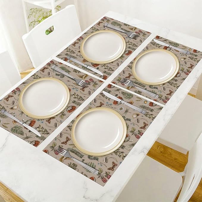 Mushroom Placemats Set of 4,Vintage Gothic Mushroom Fern Kitchen Place Mats Linen 12x18 Inch,Brown 4 PCS, Style-6