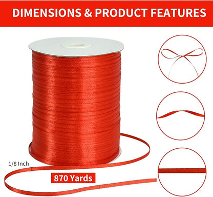 1/8 Inch x 870 Yards Red Thin Solid Satin Ribbon Giant Spool Double Face Woven Polyester Fabric Ribbons for Crafts Hanging Tags Invitation Card Balloons Bouquet Hair Gift Wrapping Party Decoration