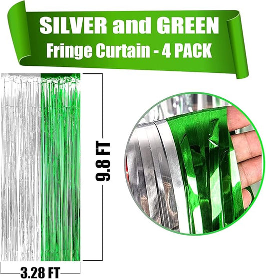 4 Pack Foil Fringe Curtain Backdrop, 3.28Ft x 8.2Ft Metallic Tinsel Foil Fringe Streamers Curtain for Photo Booth, Wedding, Mardi Gras Birthday Carnival St Patrick Day Party Decoration (Silver Green)