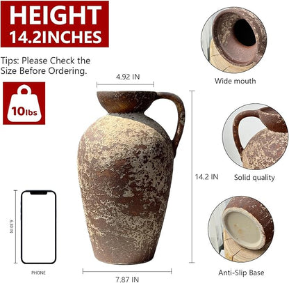 Brown Ceramic Rustic Farmhouse Vase Jug Pitcher with Handle, Distressed Antique Terracotta Pottery Flower Vase 14.2 Inch Handmade Large Floor Vintage Decorative for Home Living Room Decor