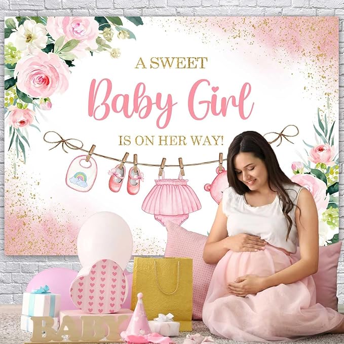 Sensfun Cute Clothes Baby Shower Backdrop A Sweet Baby Girl is On Her Way Banner Watercolor Pink Floral Sweet Little Girl Baby Shower Party Decorations Banner Supplies Photo Booth Props 8x6ft