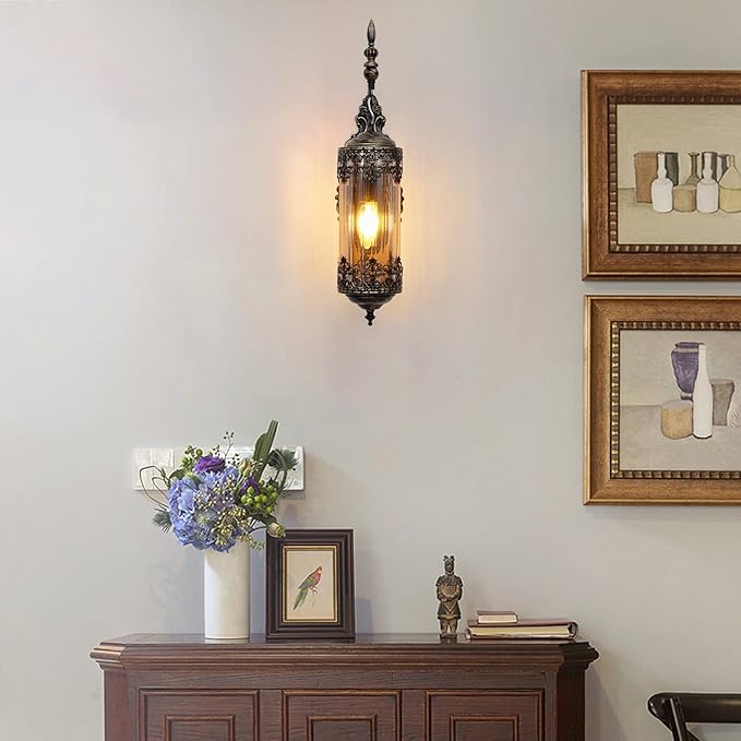 Antique Rustic Wall Sconce with Amber Glass Mini Vintage Gothic Wall Light Fixture Retro Farmhouse Mid Centry Lantern Wall Sconce for Bedroom, Hallway, Mirror, Bursh Gold, E12