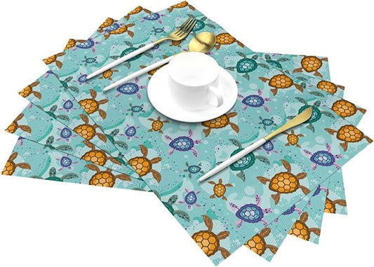 Cute Sea Turtle Placemats Set of 4, Washable Non-Slip Heat-Resistant Ocean Themed Decorative Kitchen Table Mats for Dining Outdoor Party Home Decor 12"x18" Teal Nautical Linen Place Mats