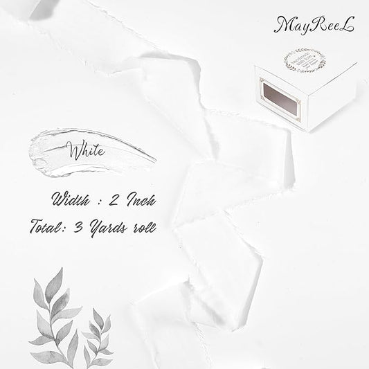 MAYREEL 2 Inch White Velvet Ribbon Hand Torn Snow White Silk Frayed Edge for Bridal Bouquets Invitations Wedding Vow Books Gift Baskets Hair Bows 3 Yards
