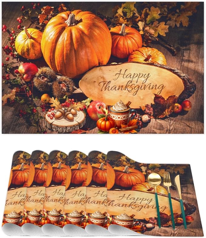 Thanksgiving Holiday Modern Pumpkins Placemats Set of 4 PVC Vinyl Non Slip Table Mats Heat Resistant Place Mats Washable Wipeable Dining Table Mat for Kitchen Party Indoor Outdoor Decorative Gift